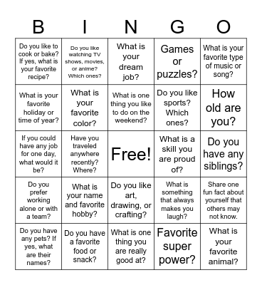 Get to Know Me! Bingo Card