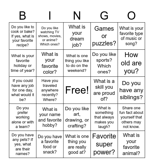 Get to Know Me! Bingo Card