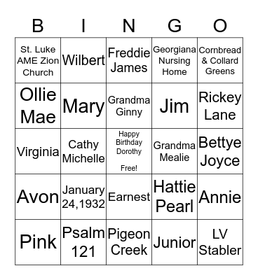 Dorothy's 85th Birthday Bingo Card