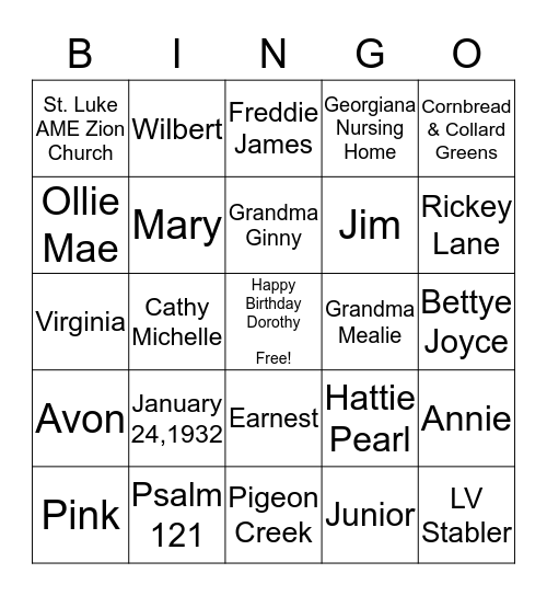 Dorothy's 85th Birthday Bingo Card