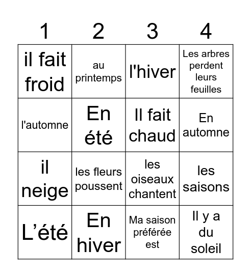 Les saisons Bingo Card