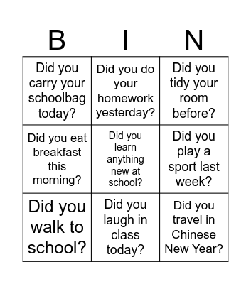 'Did you' Questions Bingo Card