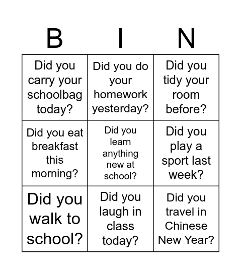 'Did you' Questions Bingo Card