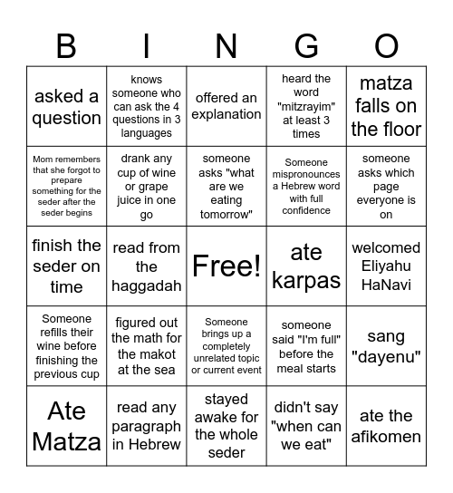 Pesach 2026 Bingo! Bingo Card
