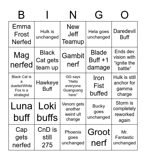 Marvel Rivals S7 Patch Notes Bingo Card