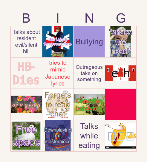 H Bingo Y Bingo Card
