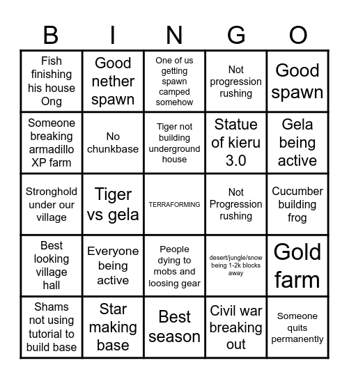 Minecraft season 3 Bingo Card