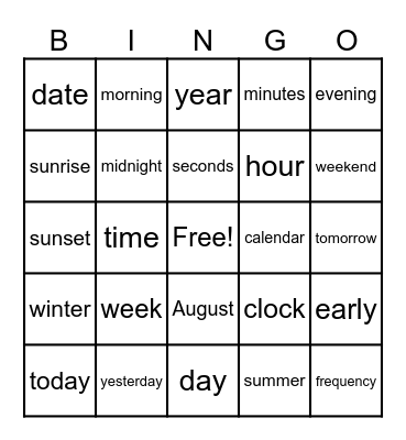 Time & Calendar Bingo Card