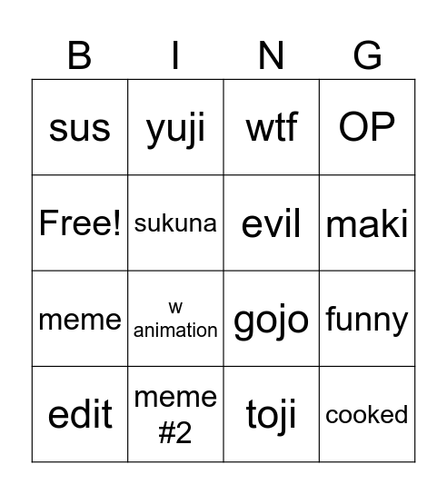 JJK bingo Card