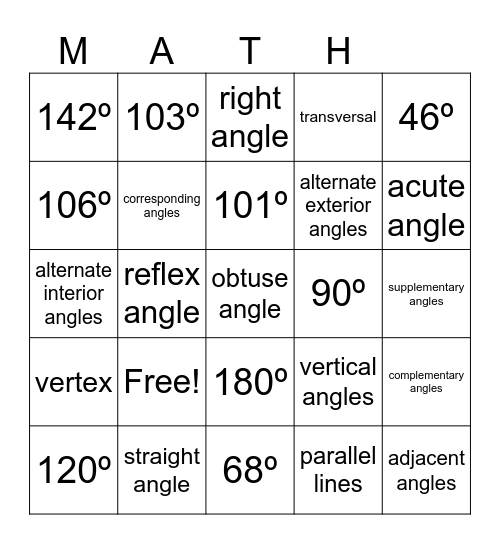 Angle Relationships Bingo Card