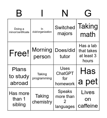 Major/Minor Bingo Card