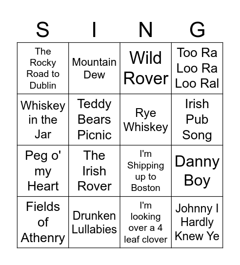 Irish Singo Bingo Card