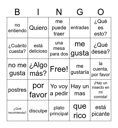 En el restaurante- A conversar Bingo Card