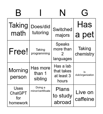 Major/Minor Bingo Card