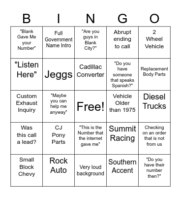 Spam Call Bingo Card