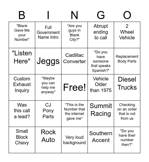 Spam Call Bingo Card