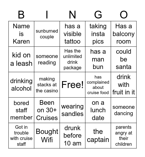 Booze Cruise Bingo Card