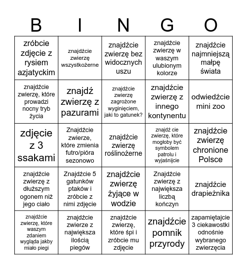 Zoo Bingo Card