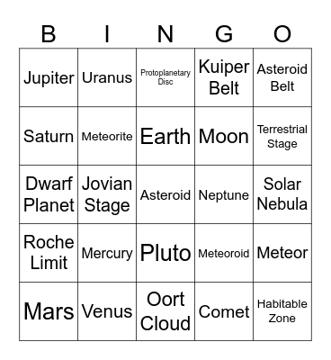 Solar System Bingo Card