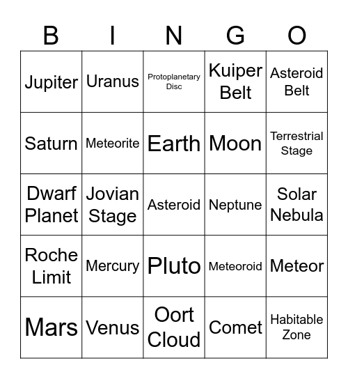 Solar System Bingo Card