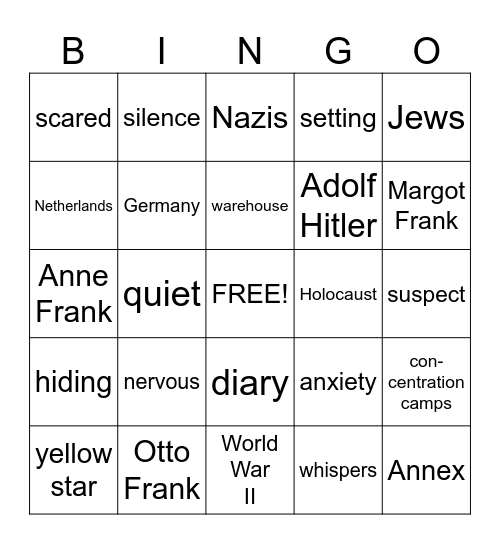 Anne Frank Bingo Card