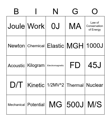 Work and Energy Bingo Card