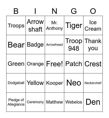 Pack 948 Bridging Ceremony 2026 Bingo Card