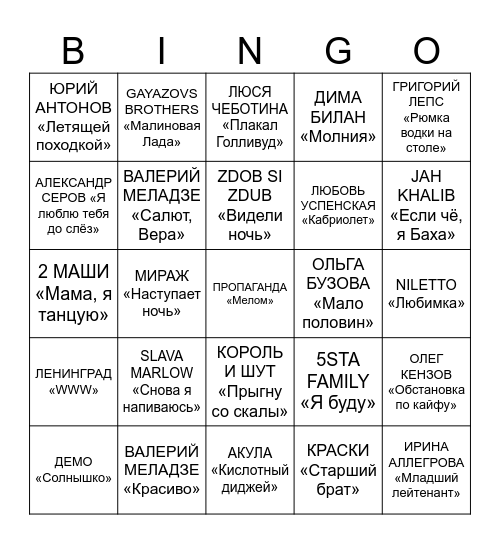 ШУМОВ МЕТЕЛЕВ БИНГО Bingo Card