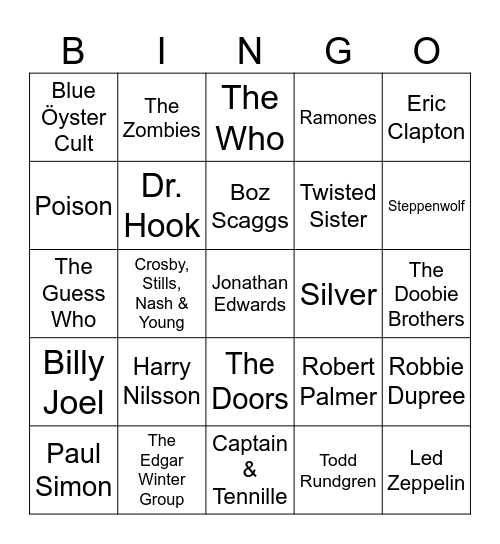 Game 2: Yacht and Classic Rock Bingo Card