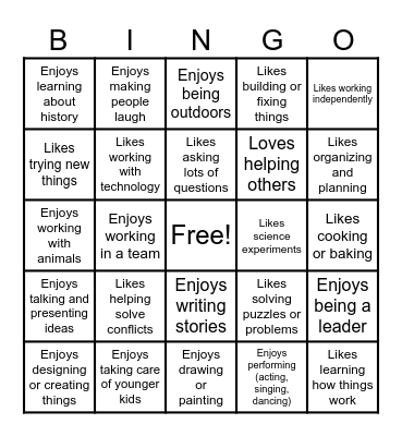 Career Interest Bingo Card