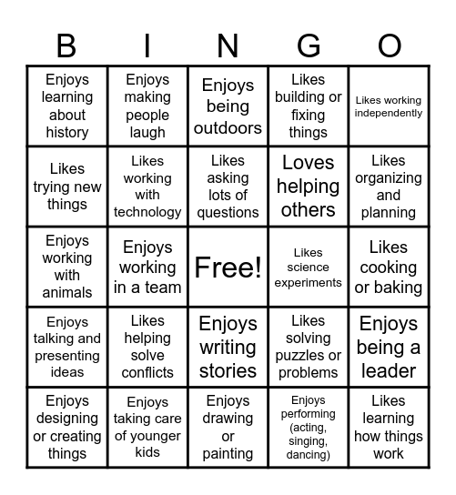 Career Interest Bingo Card