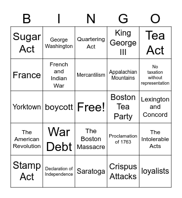 Causes of American Revolution Bingo Card