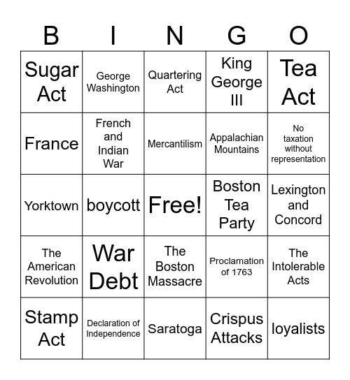 Causes of American Revolution Bingo Card