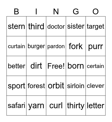 Vowel R Bingo Card