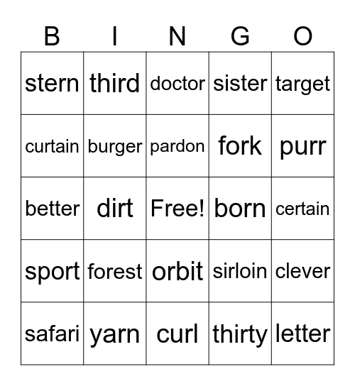 Vowel R Bingo Card
