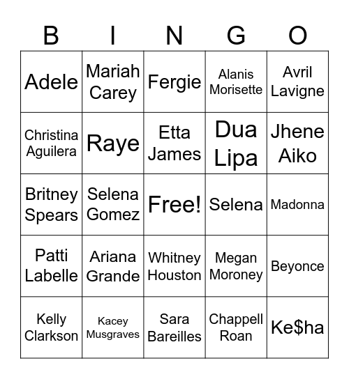 Women in Music: Musical Bingo Card