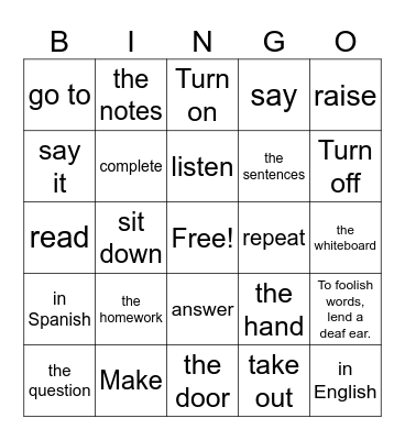 Class Commands Bingo Card