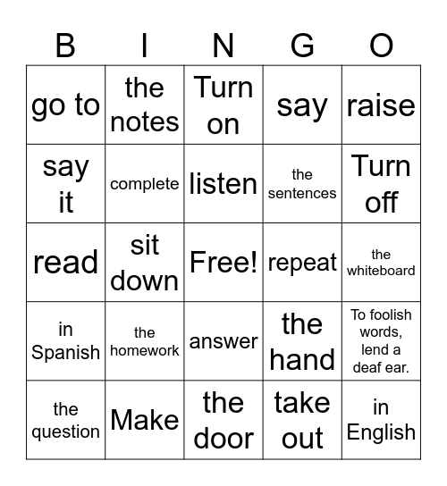 Class Commands Bingo Card