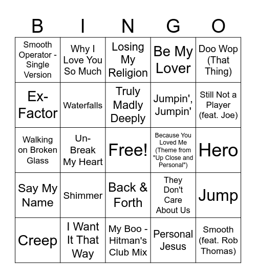 90s hits Bingo Card