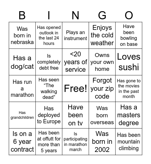 Director’s Call Bingo Card
