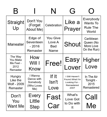 '80s hits Bingo Card