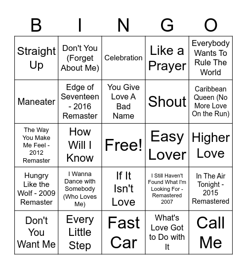 '80s hits Bingo Card