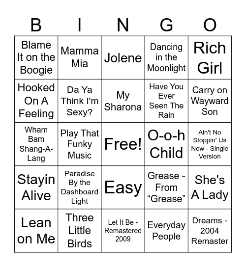 70's hits Bingo Card