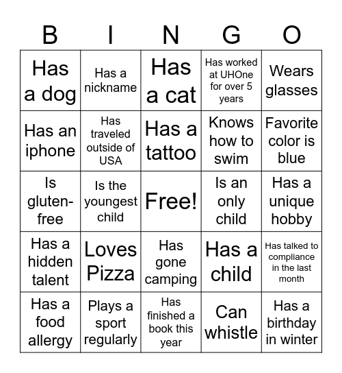 All Call Bingo Card