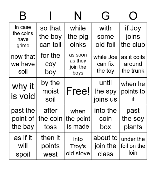oi and oy Phrases Bingo Card