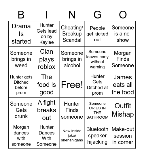 prom 2026 Bingo Card
