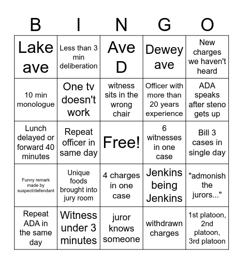 Grand Jury Bingo Card