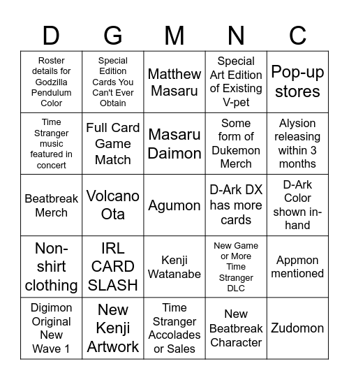 Digimon Con 2026 Bingo Card