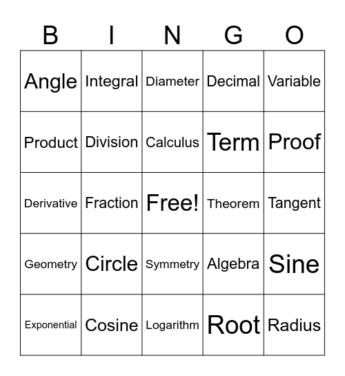 Math Words Bingo Card