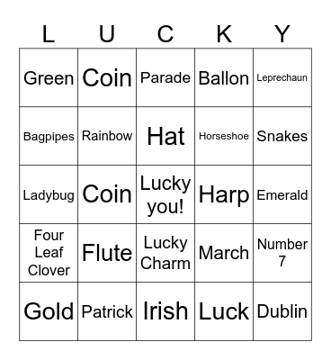 St Patrick's Day Bingo Card